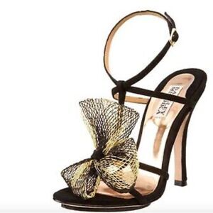 Badgley Mischka Elani Black Heels Large Gold Bow Size 8